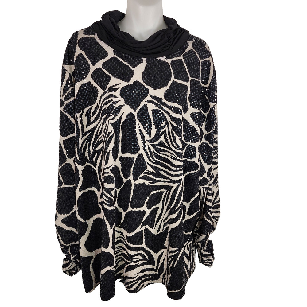 Susan Graver Women Liquid Knit Animal Print Turtleneck Sparkle Top Size 3X Black